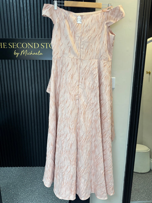 Adrianna Papell Blush Pink Metallic Jacquard Bardot High-Low Dress – Size 14