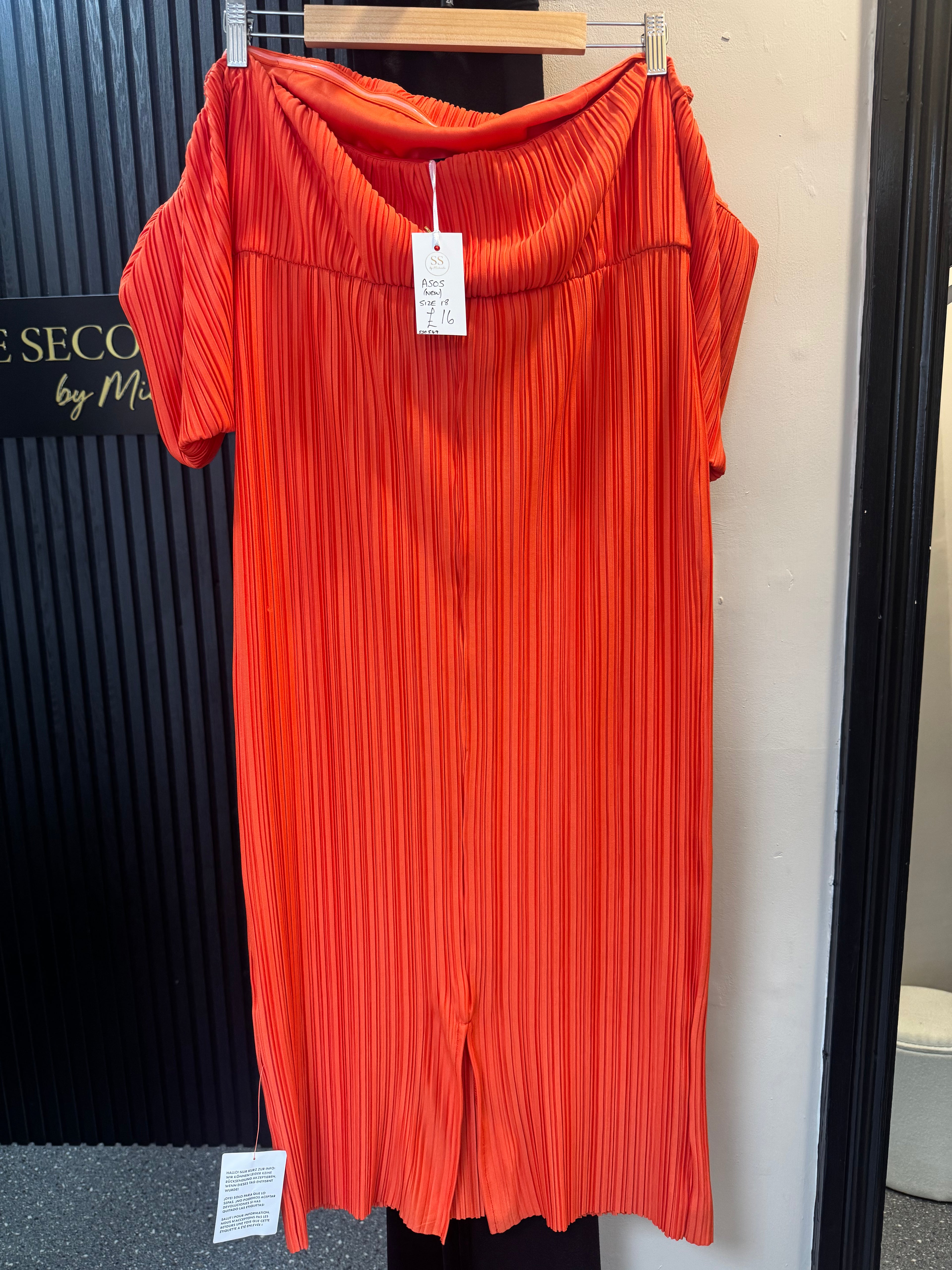 ASOS Orange Pleated Bardot Midi Dress – Size 18 New