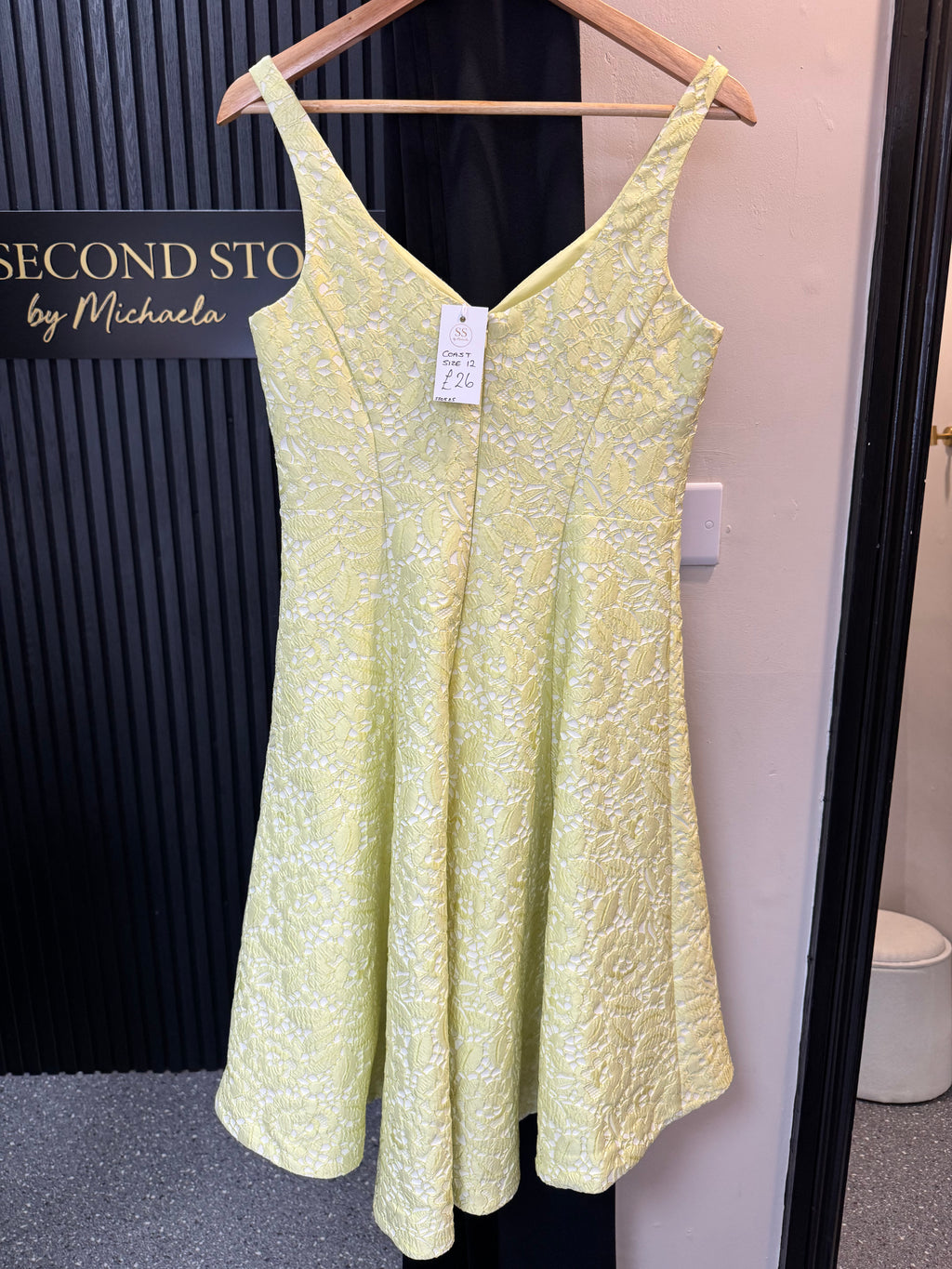 Coast Lemon Yellow Lace Fit & Flare Midi Dress – Size 12