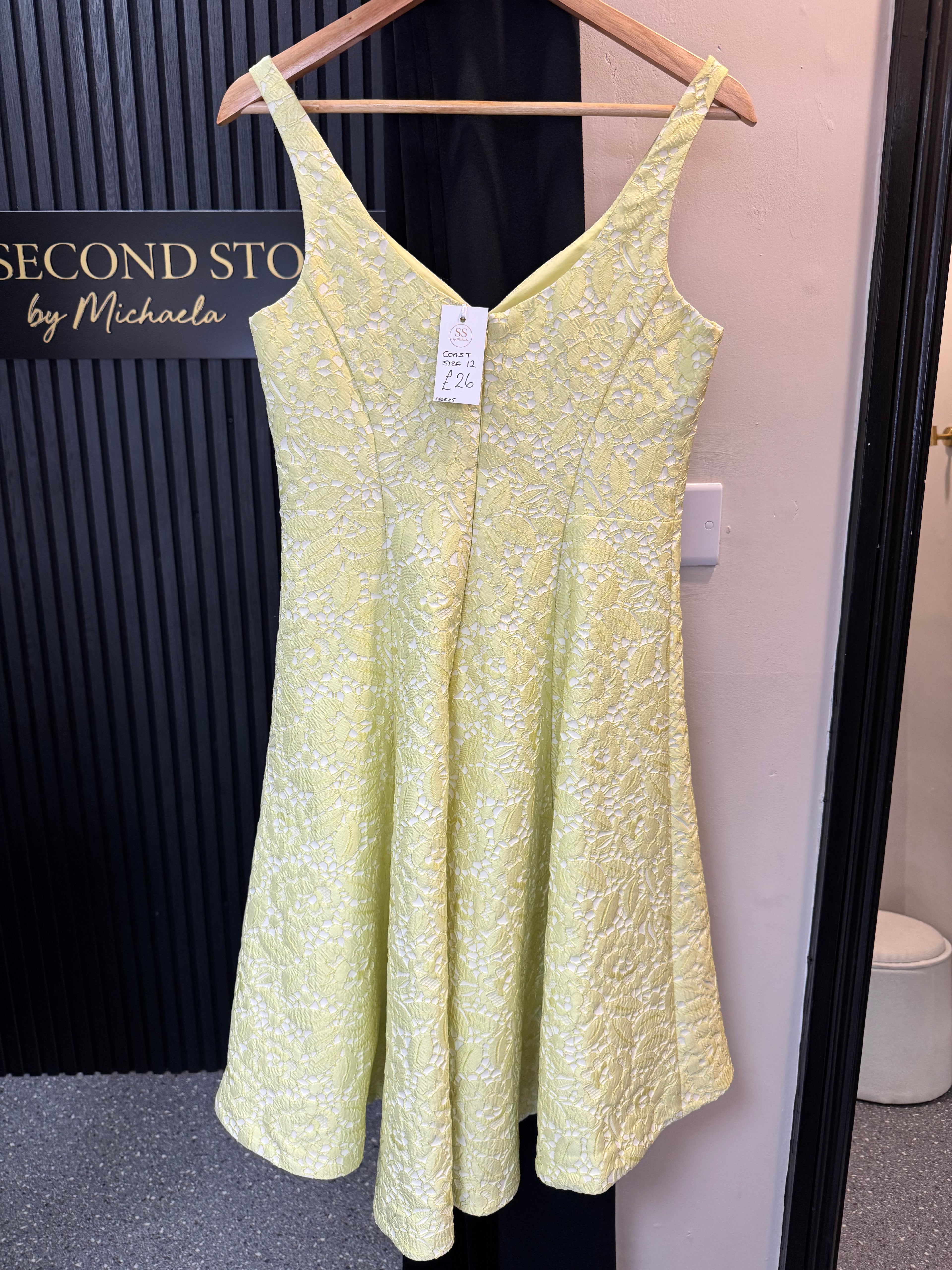 Coast Lemon Yellow Lace Fit & Flare Midi Dress – Size 12