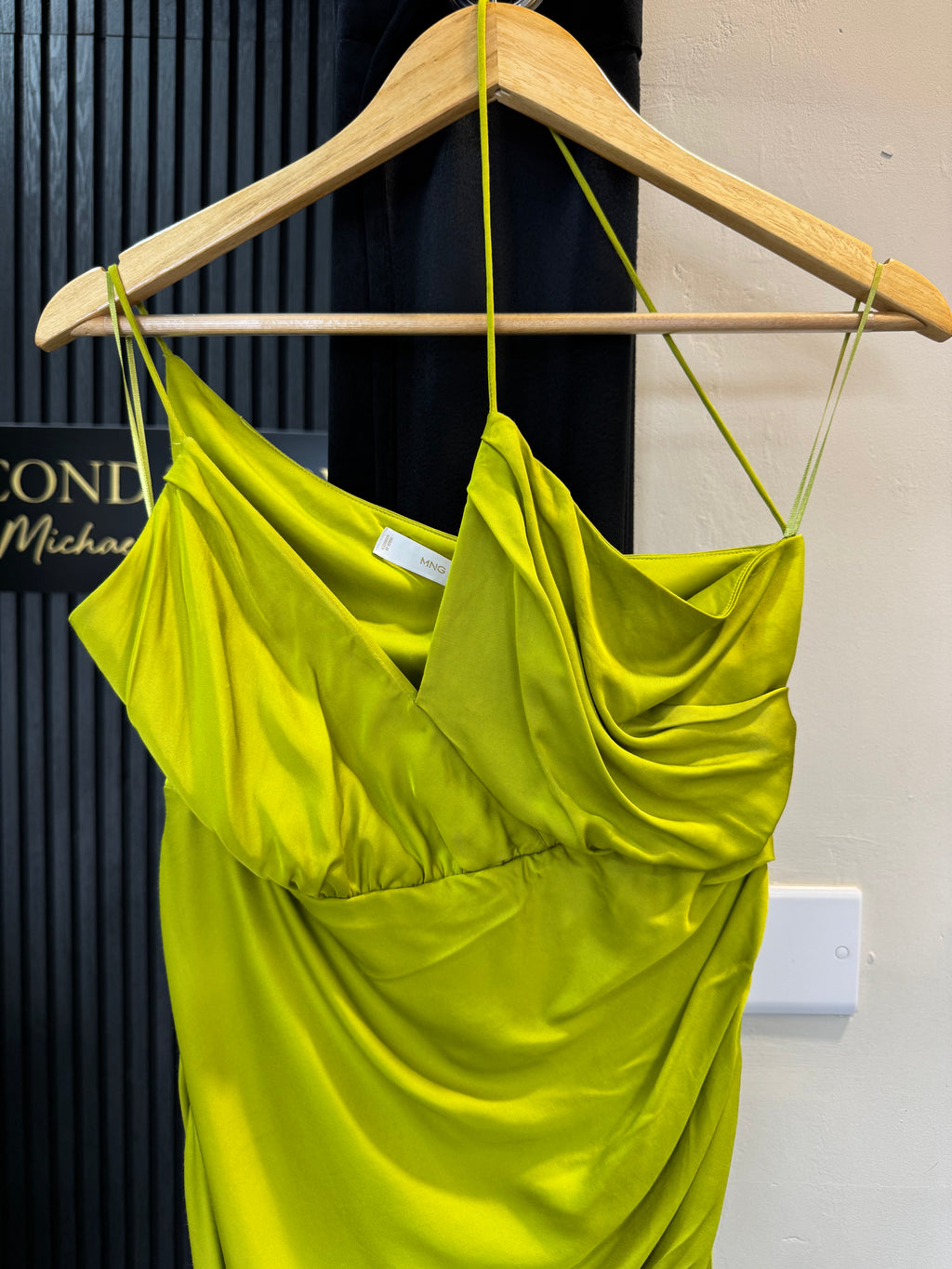 Mango Lime Green Draped Satin Maxi Dress – Size S New
