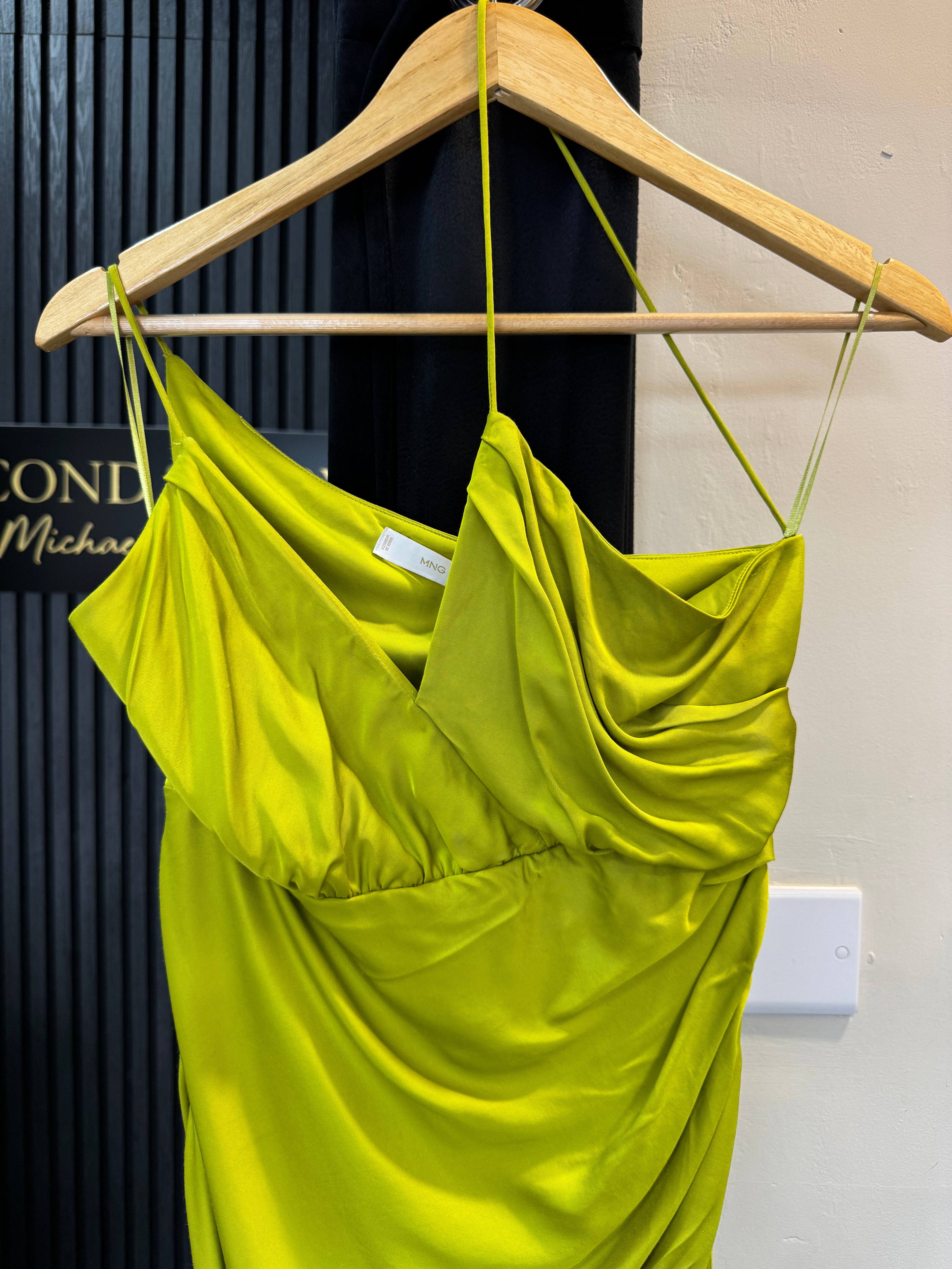 Mango Lime Green Draped Satin Maxi Dress – Size S New