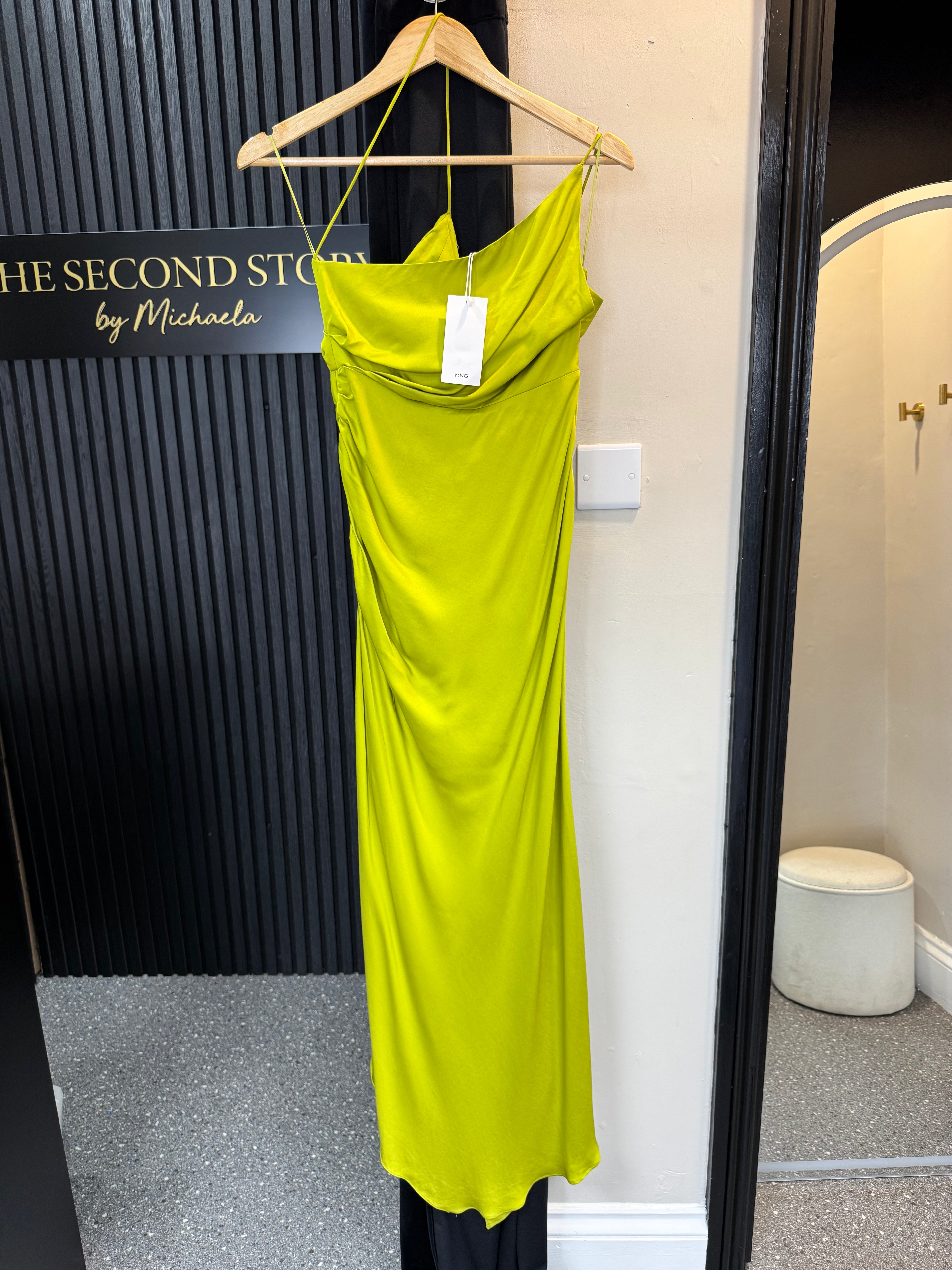 Mango Lime Green Draped Satin Maxi Dress – Size S New