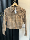 PrettyLittleThing Petite Beige Check Cropped Shirt – Size 8 Petite