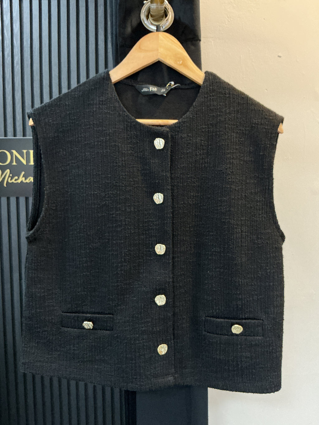 F&F Black Textured Knit Button Waistcoat – Size M New