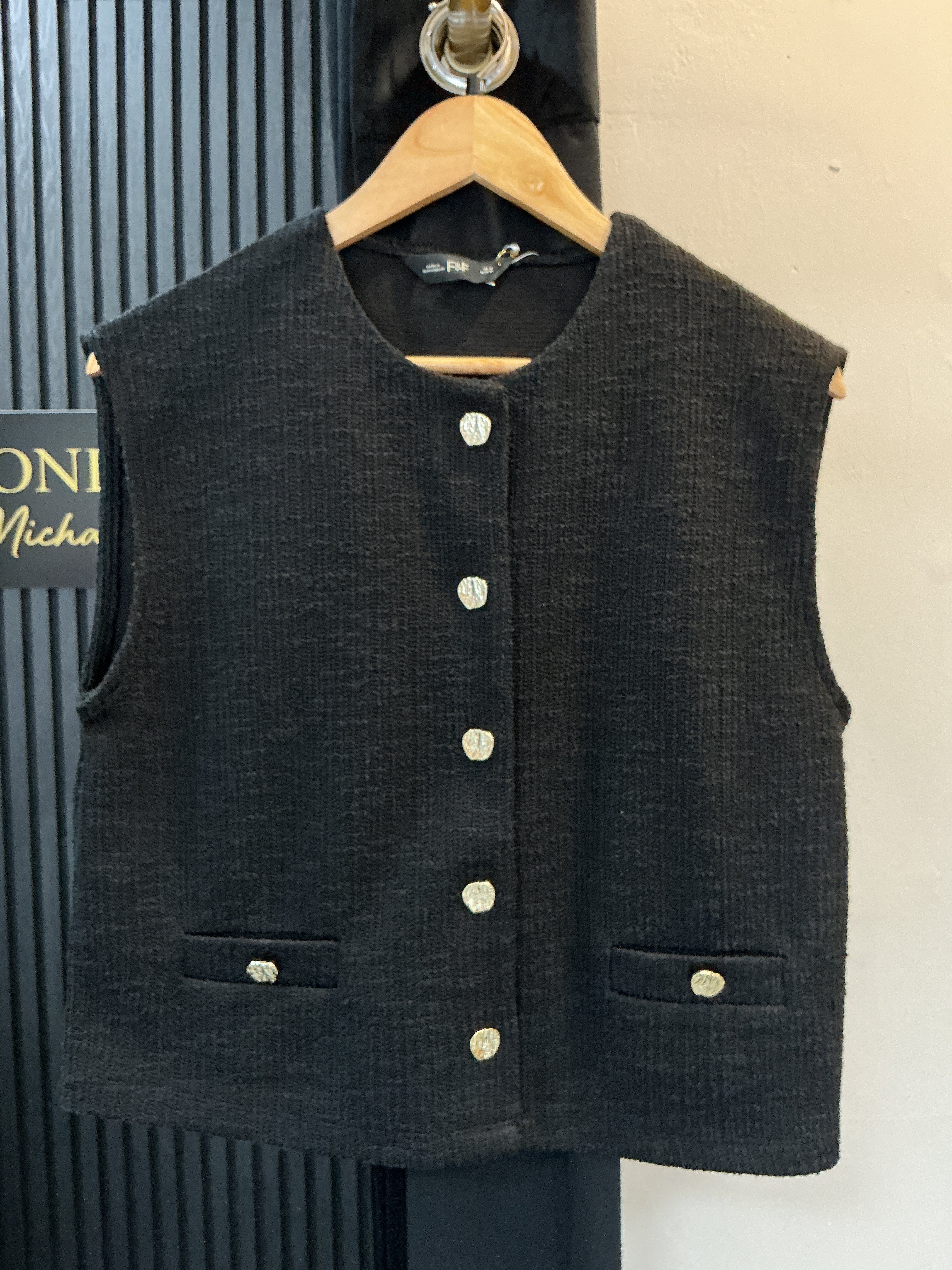 F&F Black Textured Knit Button Waistcoat – Size M New