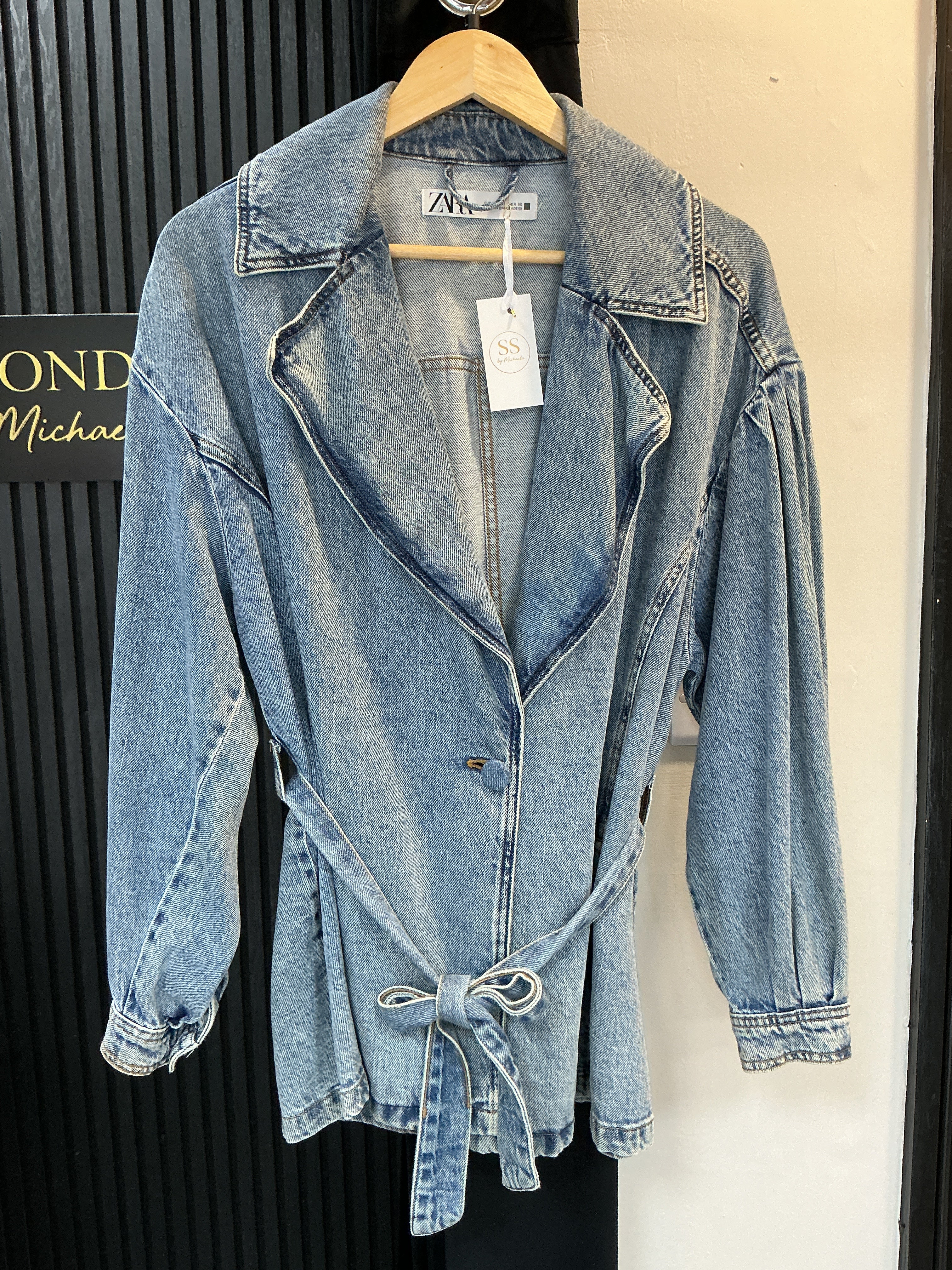 Zara Blue Denim Belted Blazer Jacket – Size L