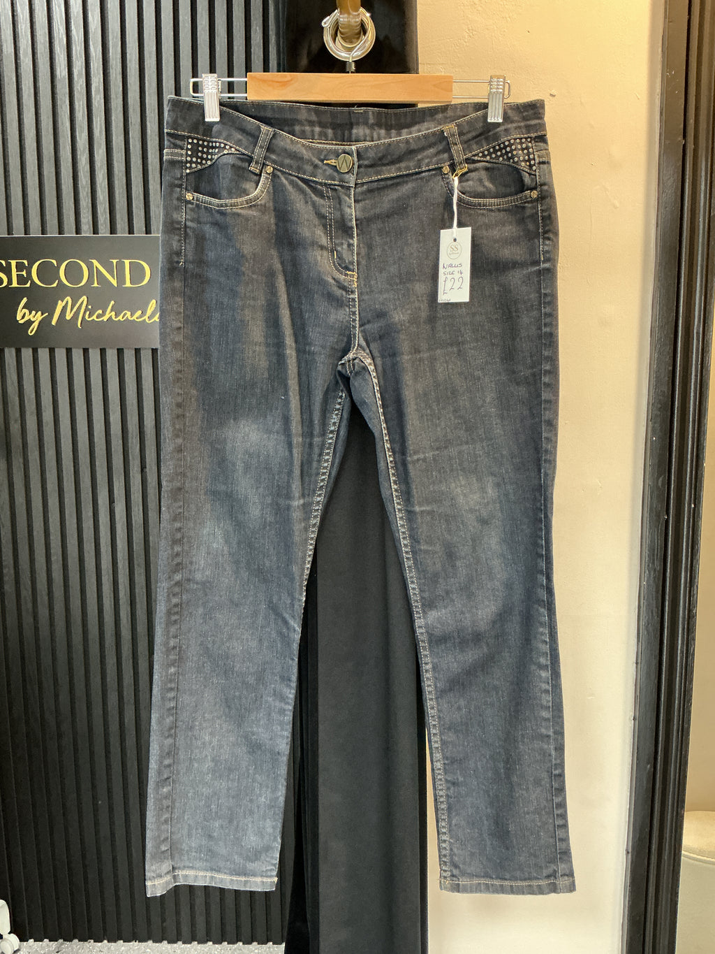 Wallis Y2K Embellished Grey Straight Leg Jeans – Size 14