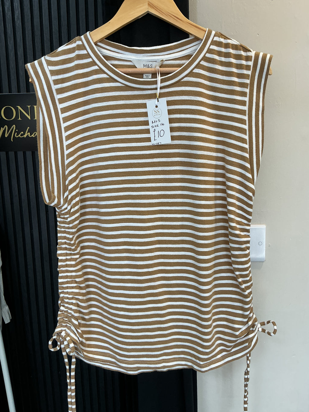 M&S Camel & White Striped Ruched Side T-Shirt – Size 16