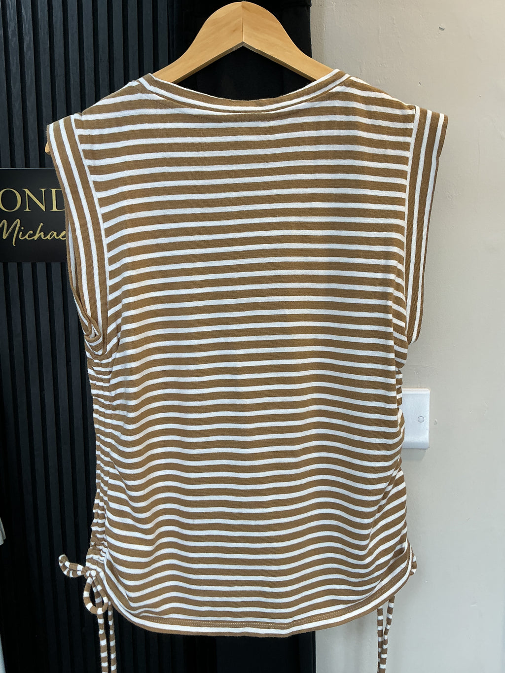M&S Camel & White Striped Ruched Side T-Shirt – Size 16
