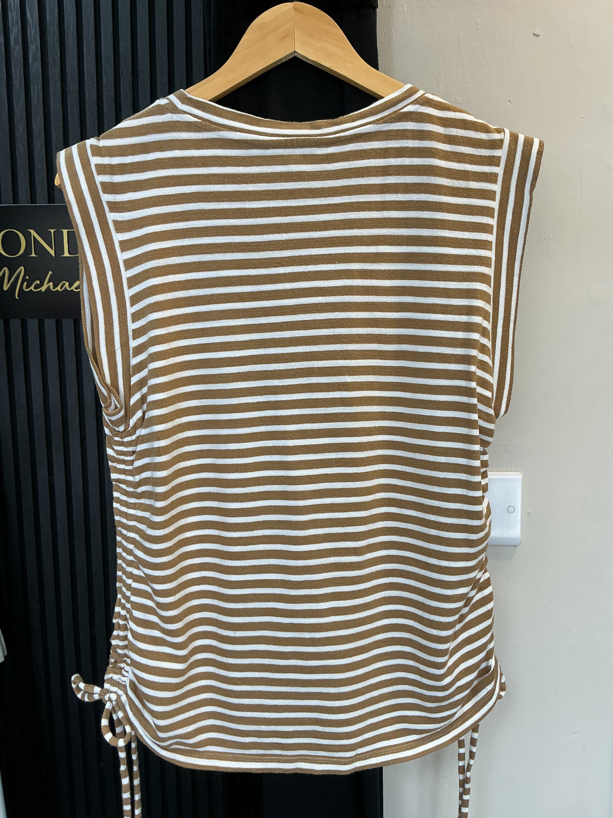 M&S Camel & White Striped Ruched Side T-Shirt – Size 16