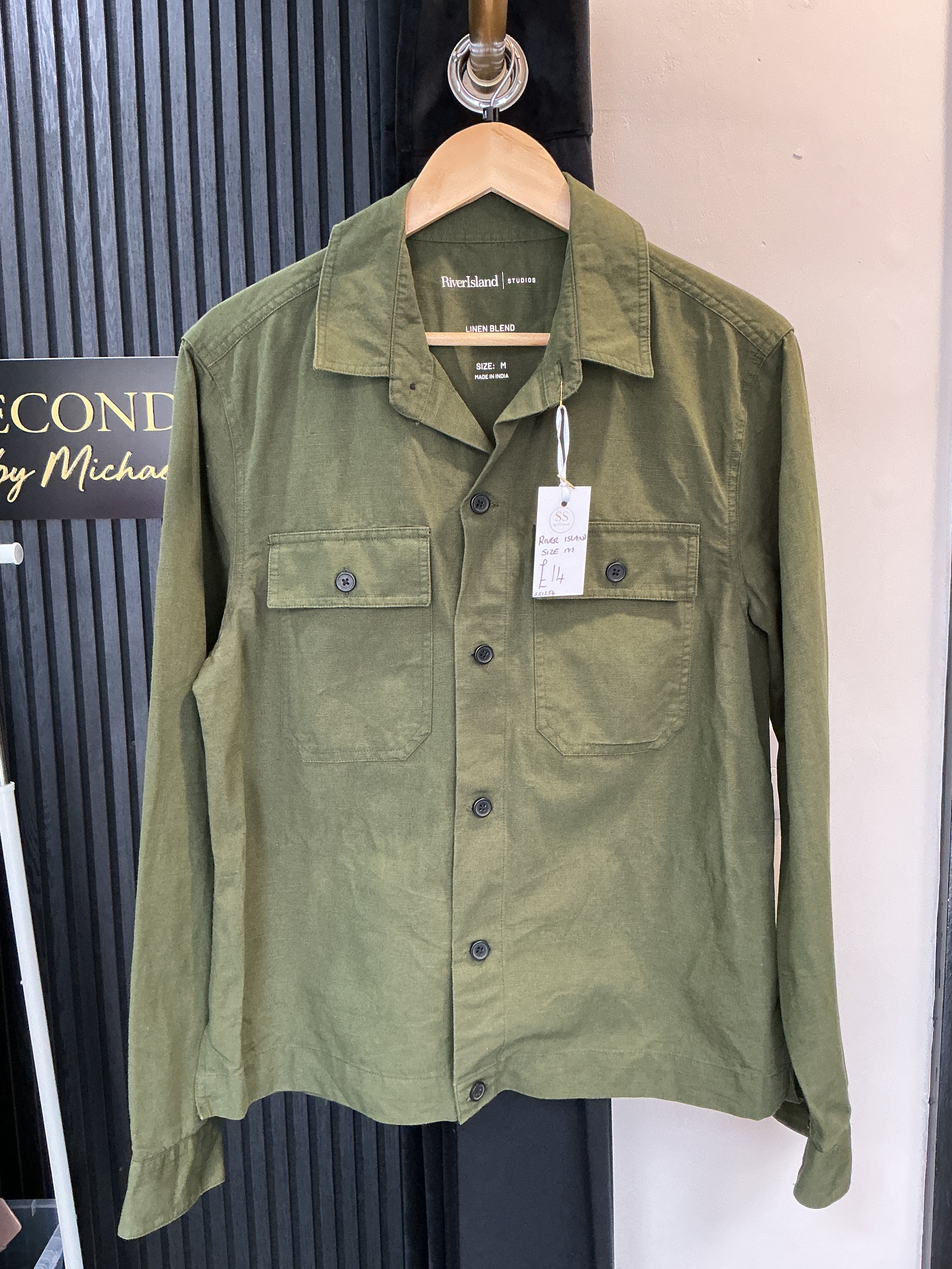 River Island Studios Khaki Linen Blend Utility Shirt – Size M