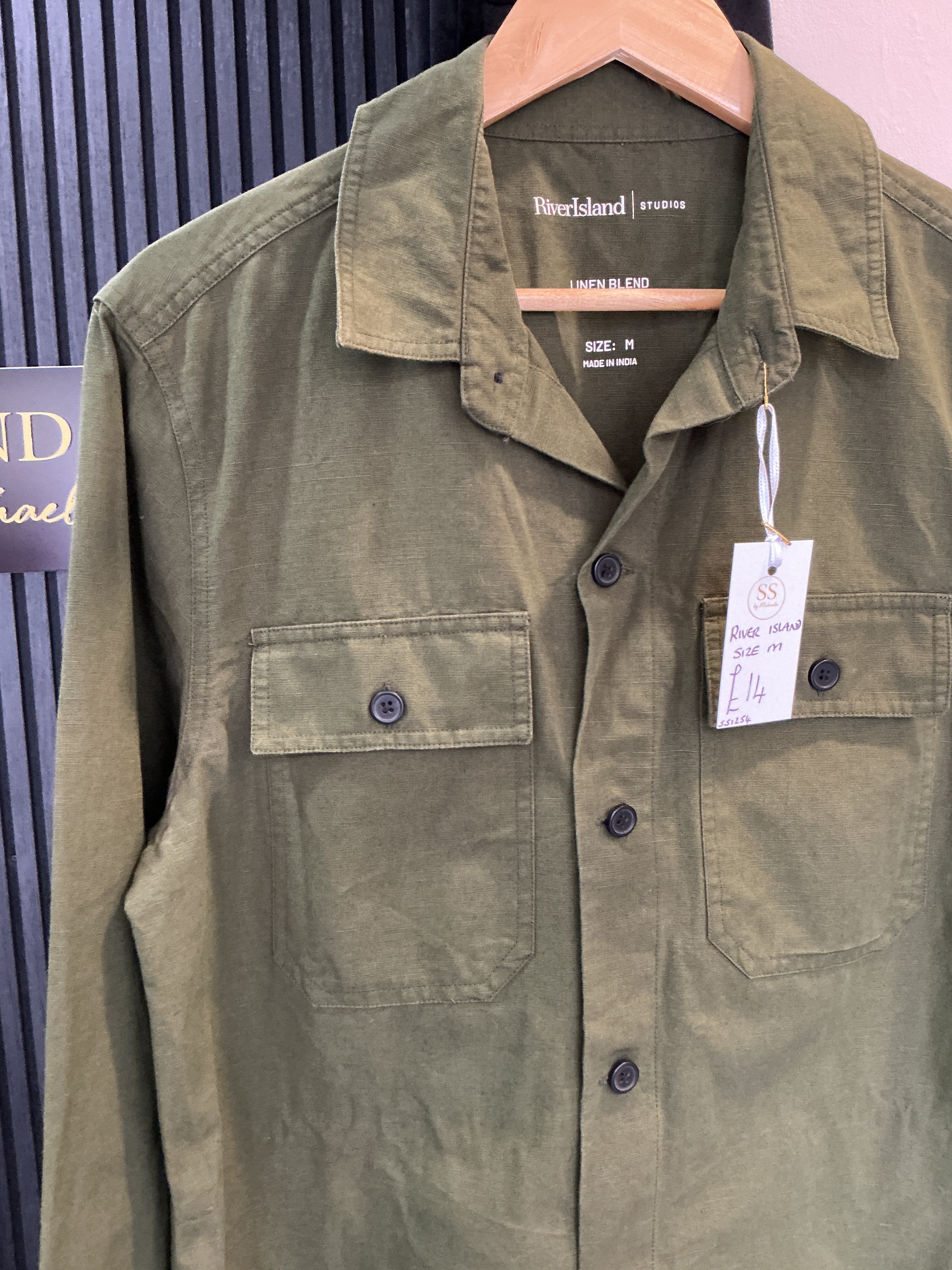 River Island Studios Khaki Linen Blend Utility Shirt – Size M