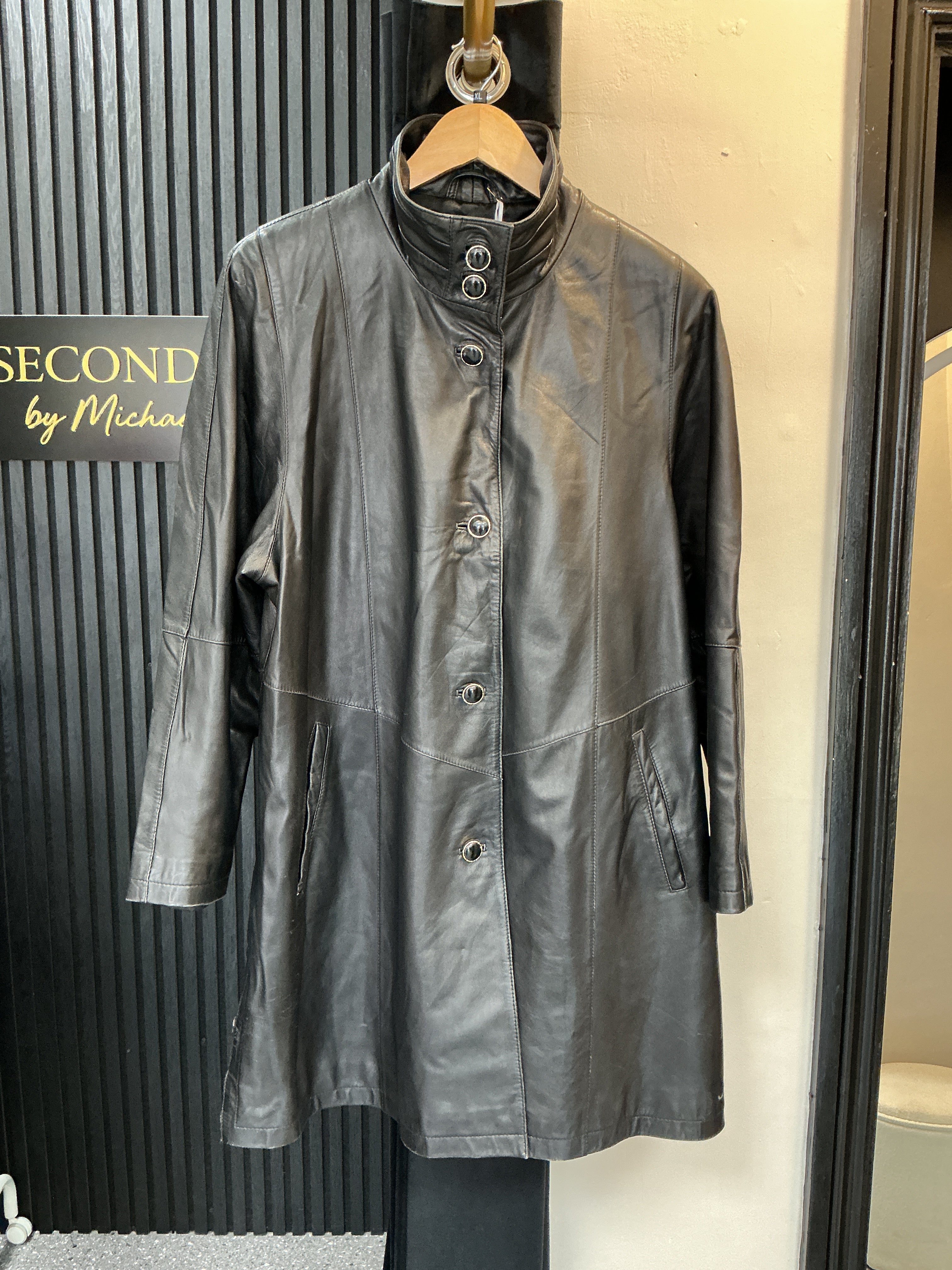 Vintage Atward Black Leather Funnel Neck Coat – Approx UK 14–16