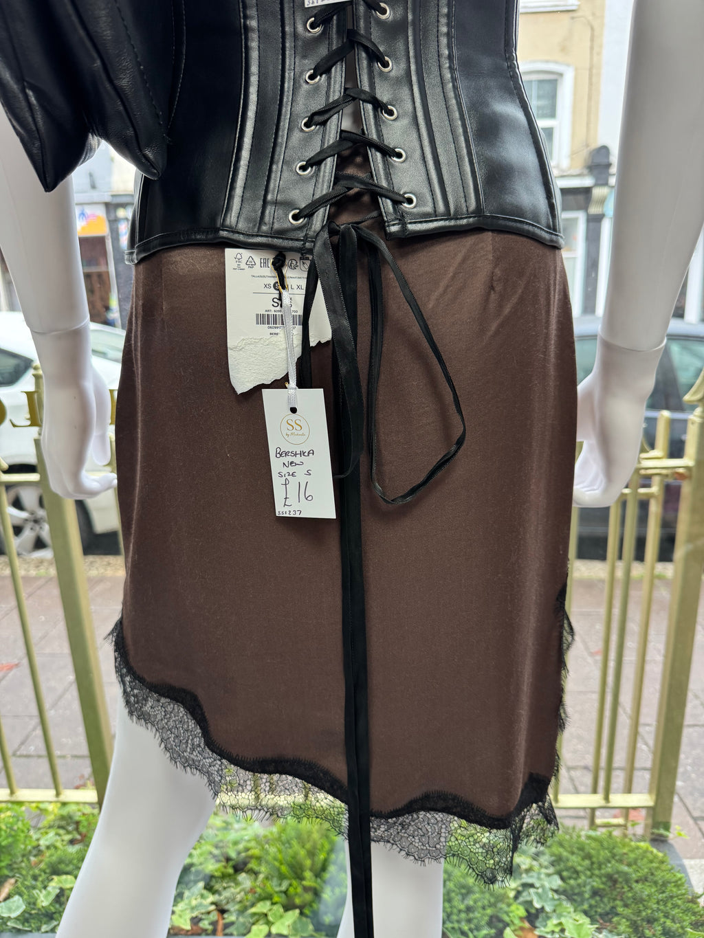 Bershka Brown Satin Lace-Trim Midi Skirt – Size S New