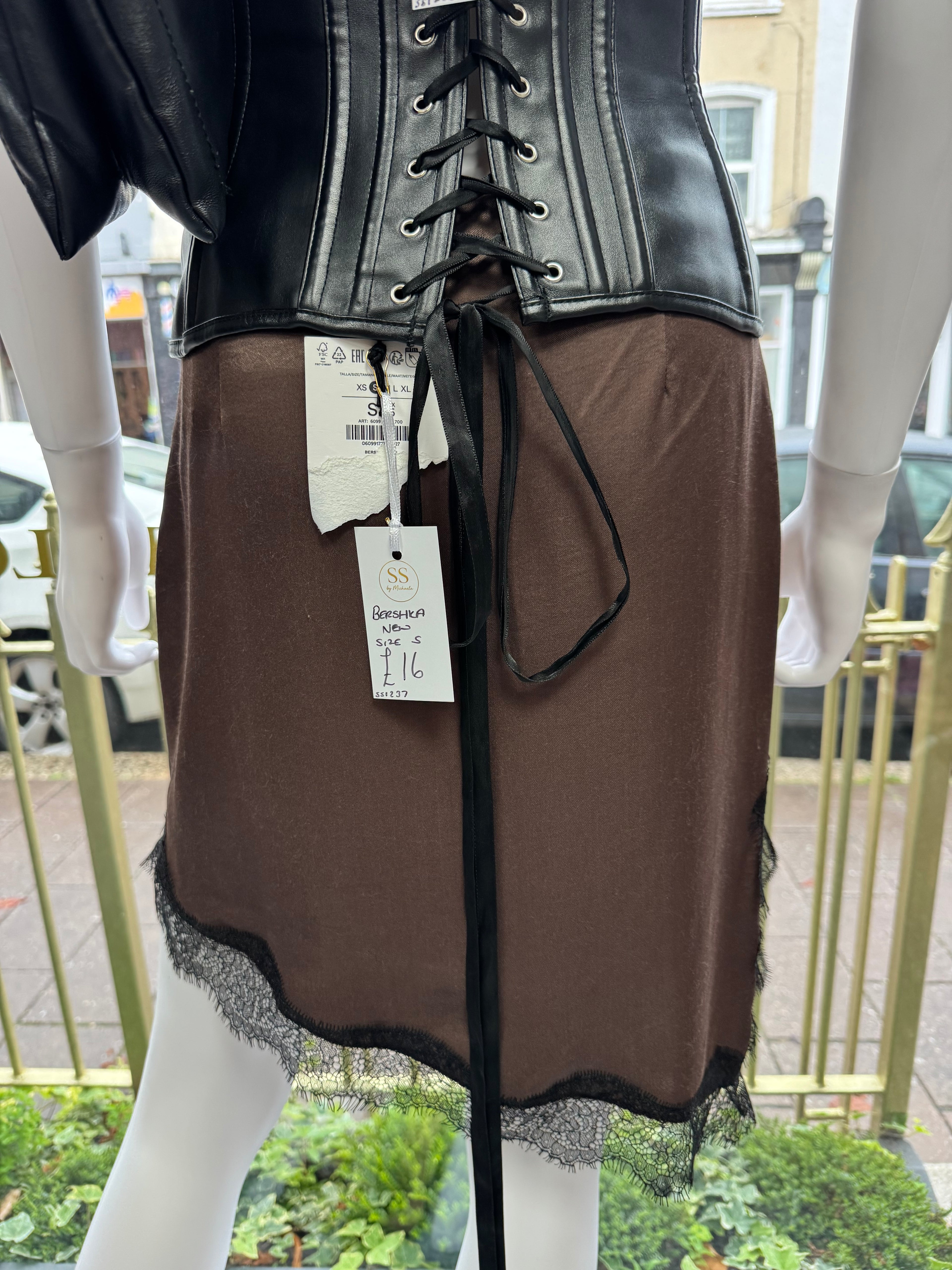 Bershka Brown Satin Lace-Trim Midi Skirt – Size S New
