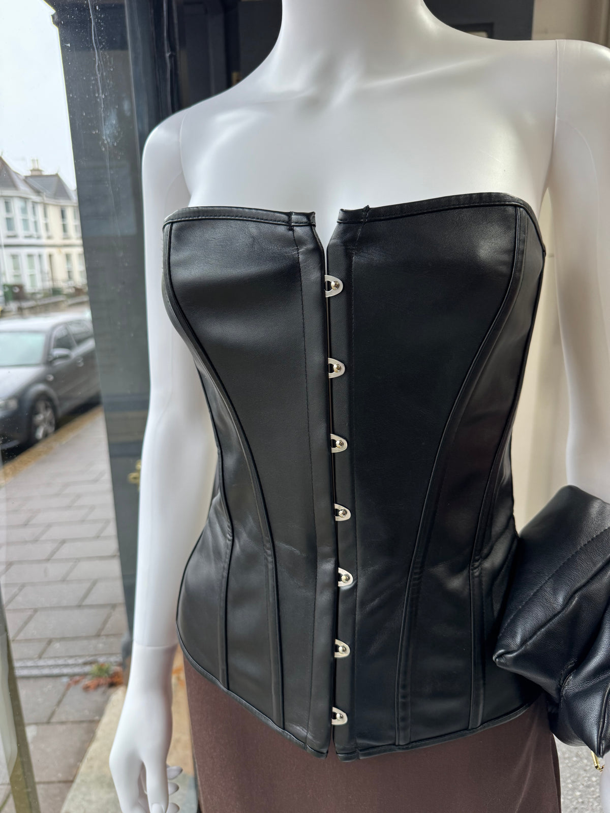 PrettyLittleThing Black Faux Leather Lace-Up Corset Top – Size 8