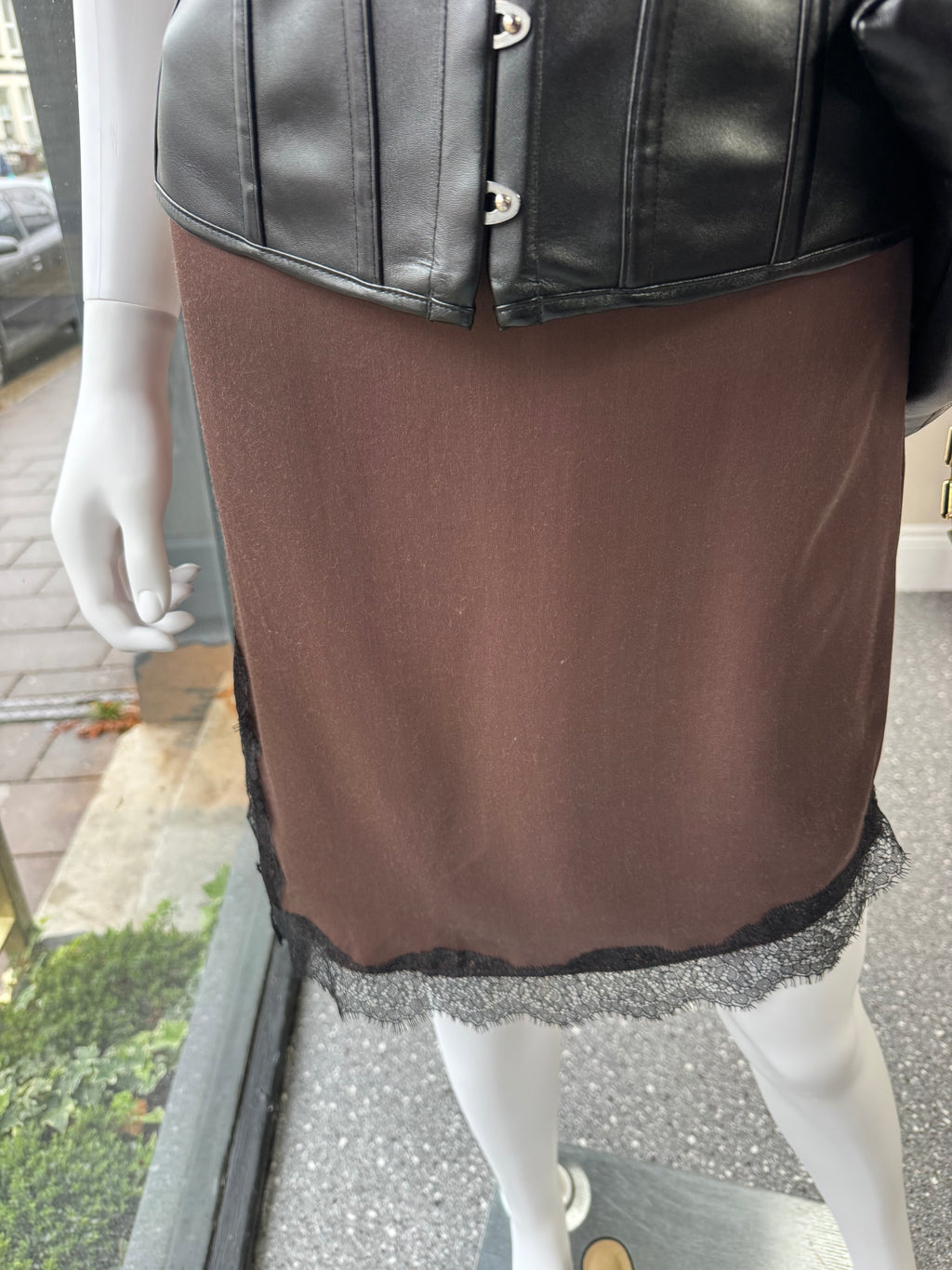 Bershka Brown Satin Lace-Trim Midi Skirt – Size S New