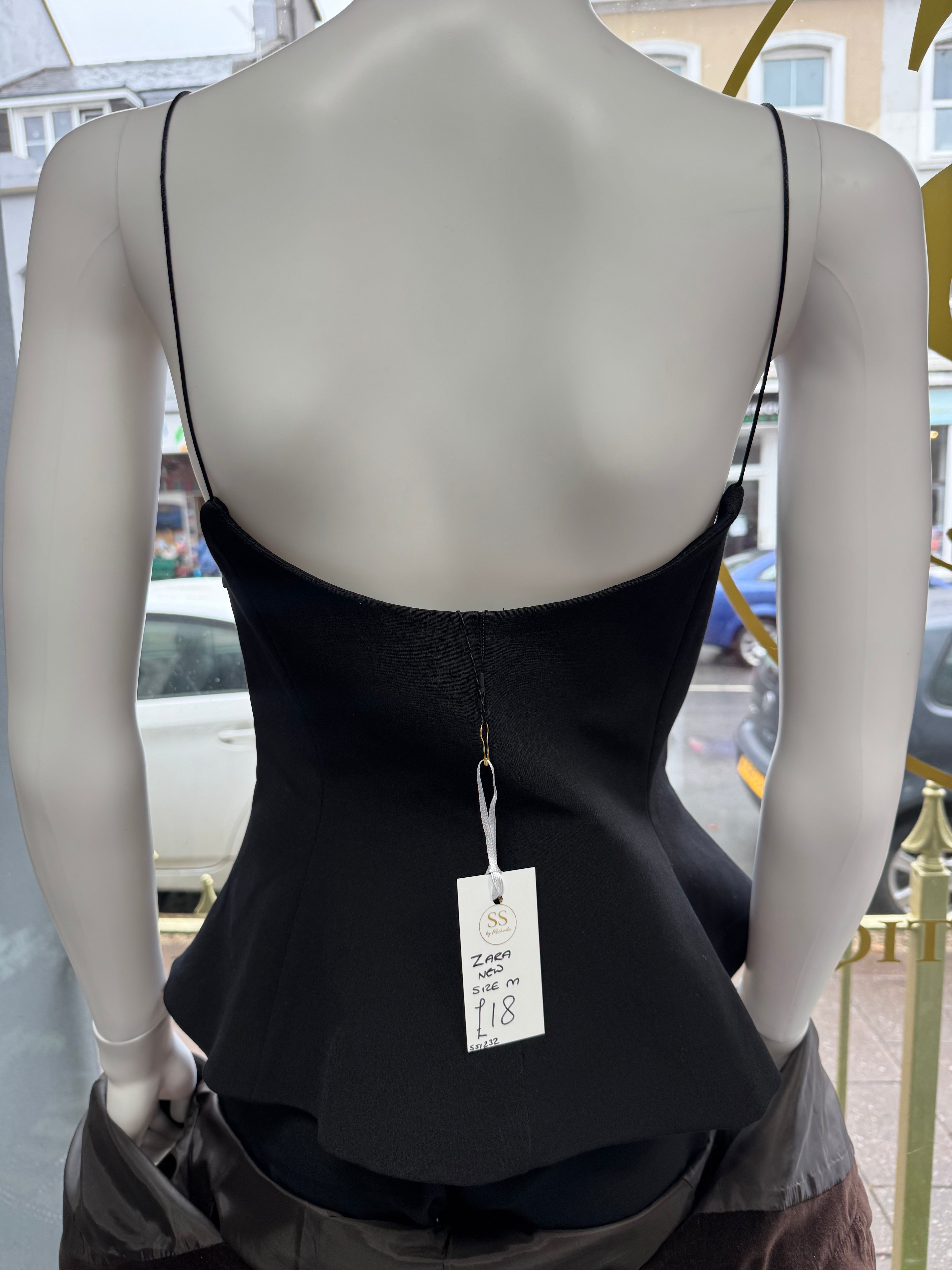 Zara Black Structured Peplum Cami Top – Size M New