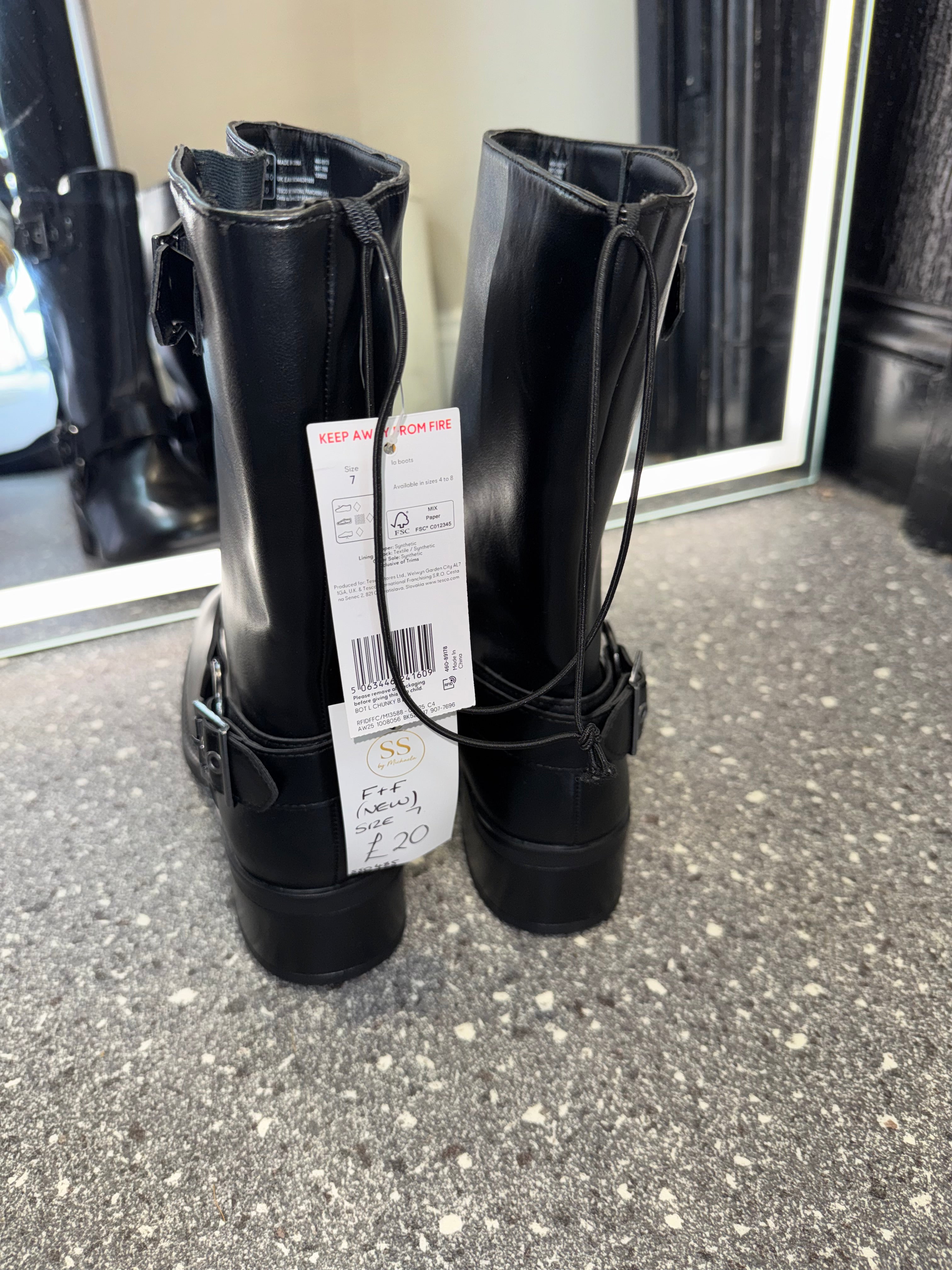 F&F Black Buckle Biker Boots – Size 7 New