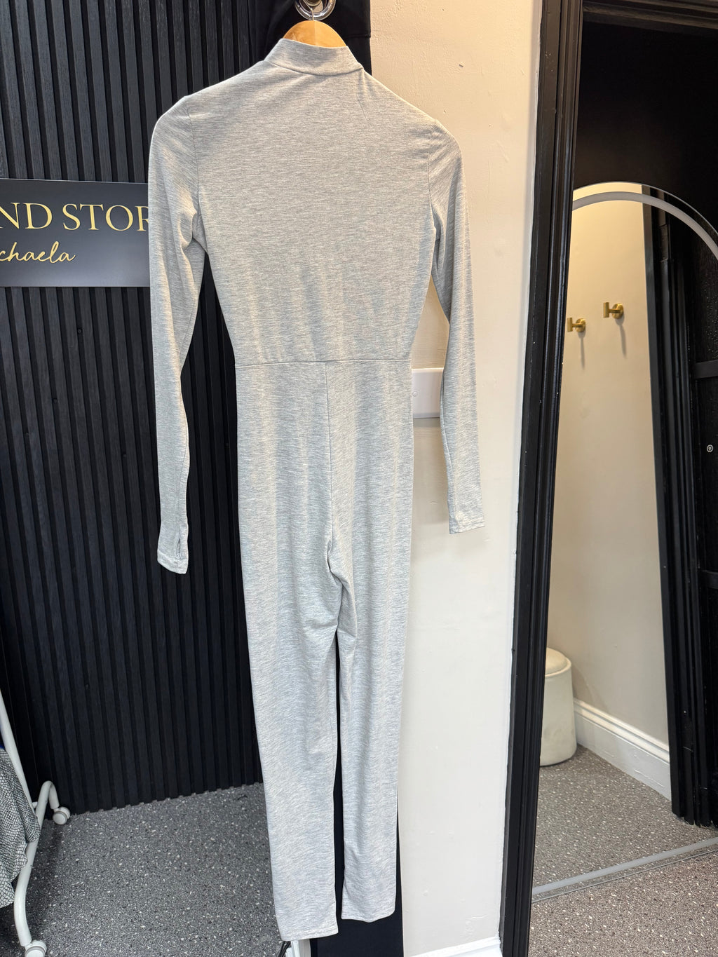 PrettyLittleThing Grey Funnel Neck Logo Jumpsuit – Size 8 New
