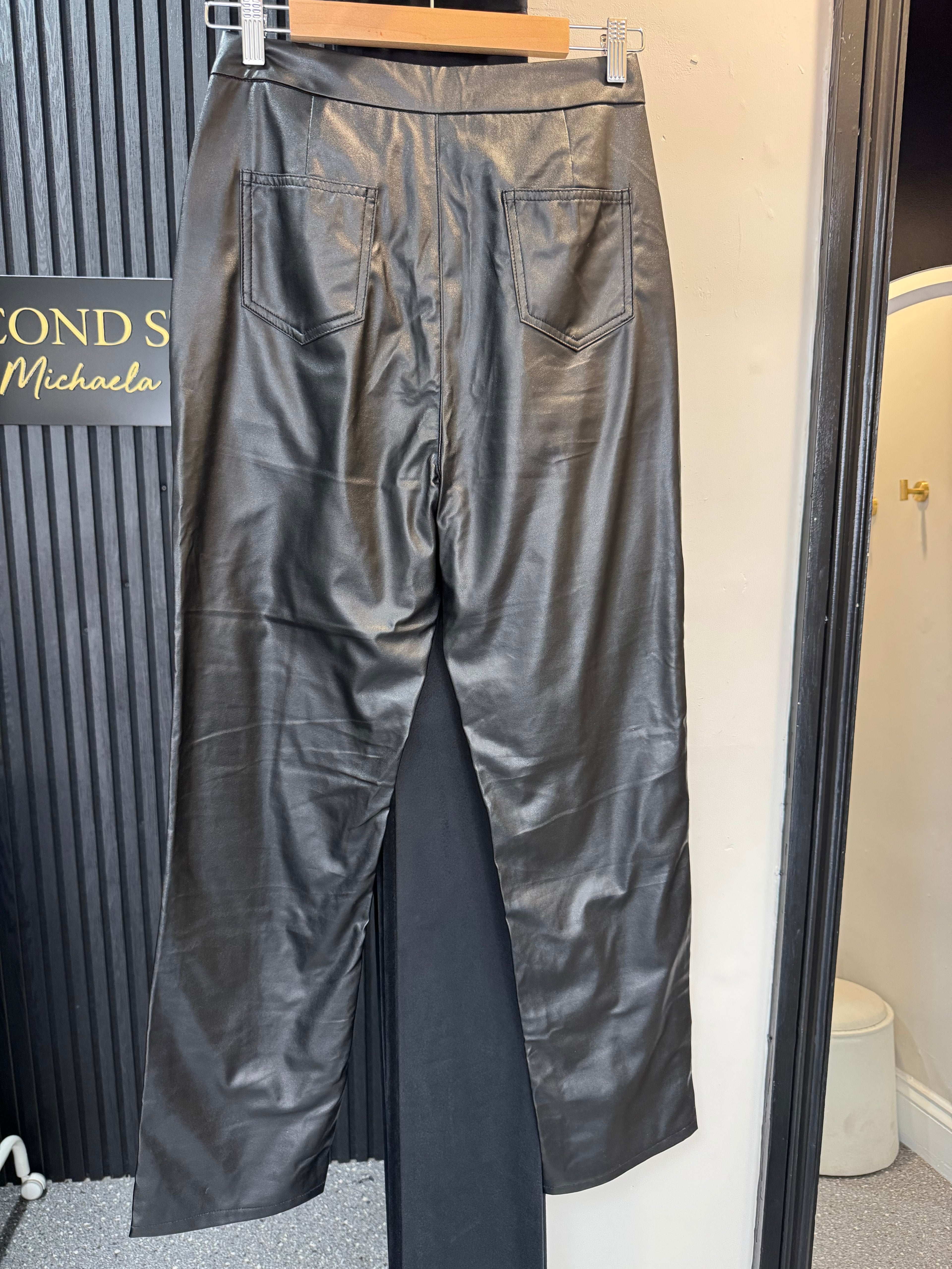 PrettyLittleThing Black Faux Leather Straight Leg Trousers – Size 10