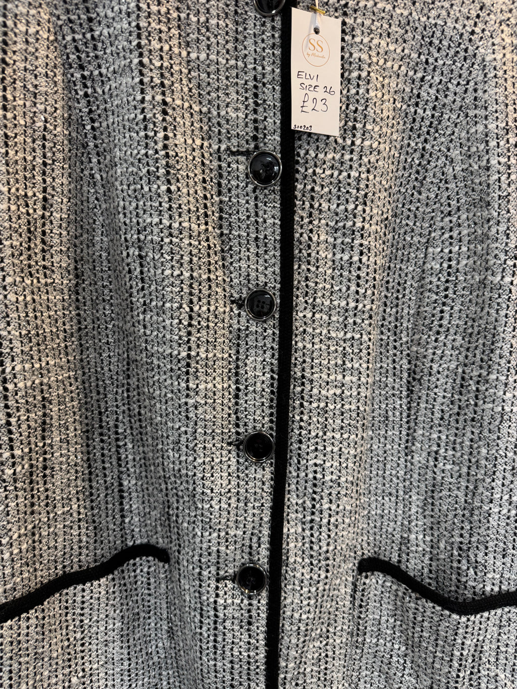 Elvi Grey & Black Textured Bouclé Jacket – Size 26
