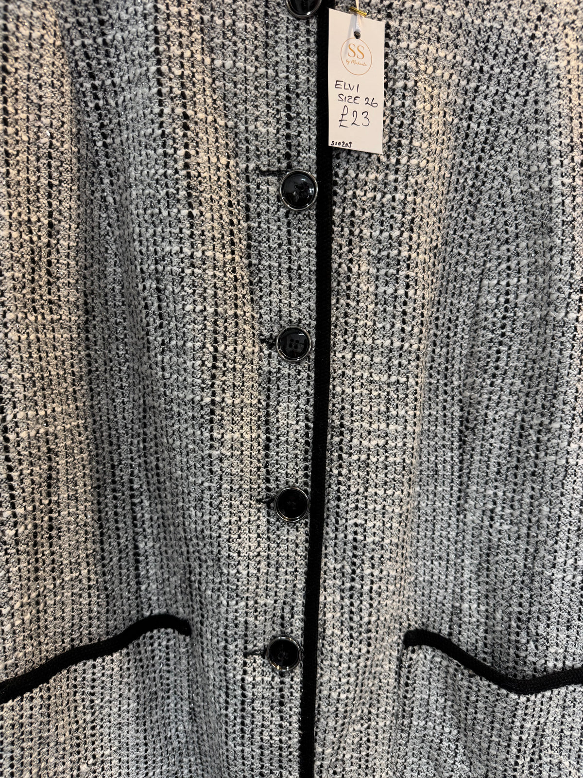 Elvi Grey & Black Textured Bouclé Jacket – Size 26