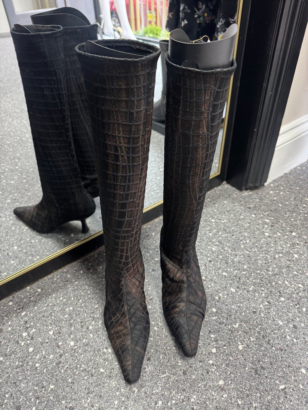 Vintage Sacha London Black Croc-Effect Knee High Boots Size 4