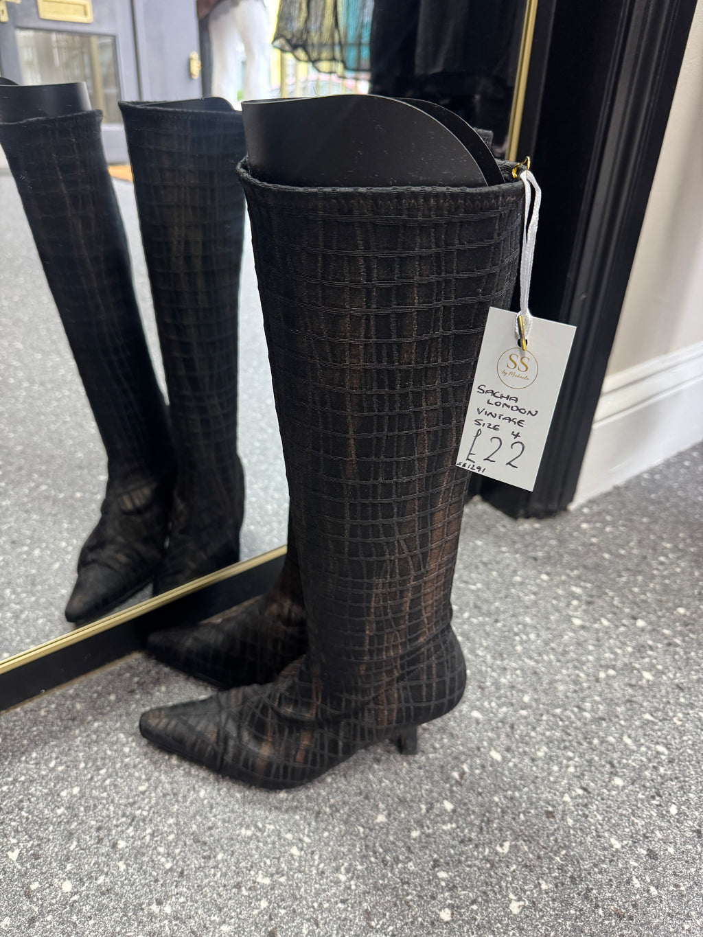 Vintage Sacha London Black Croc-Effect Knee High Boots Size 4