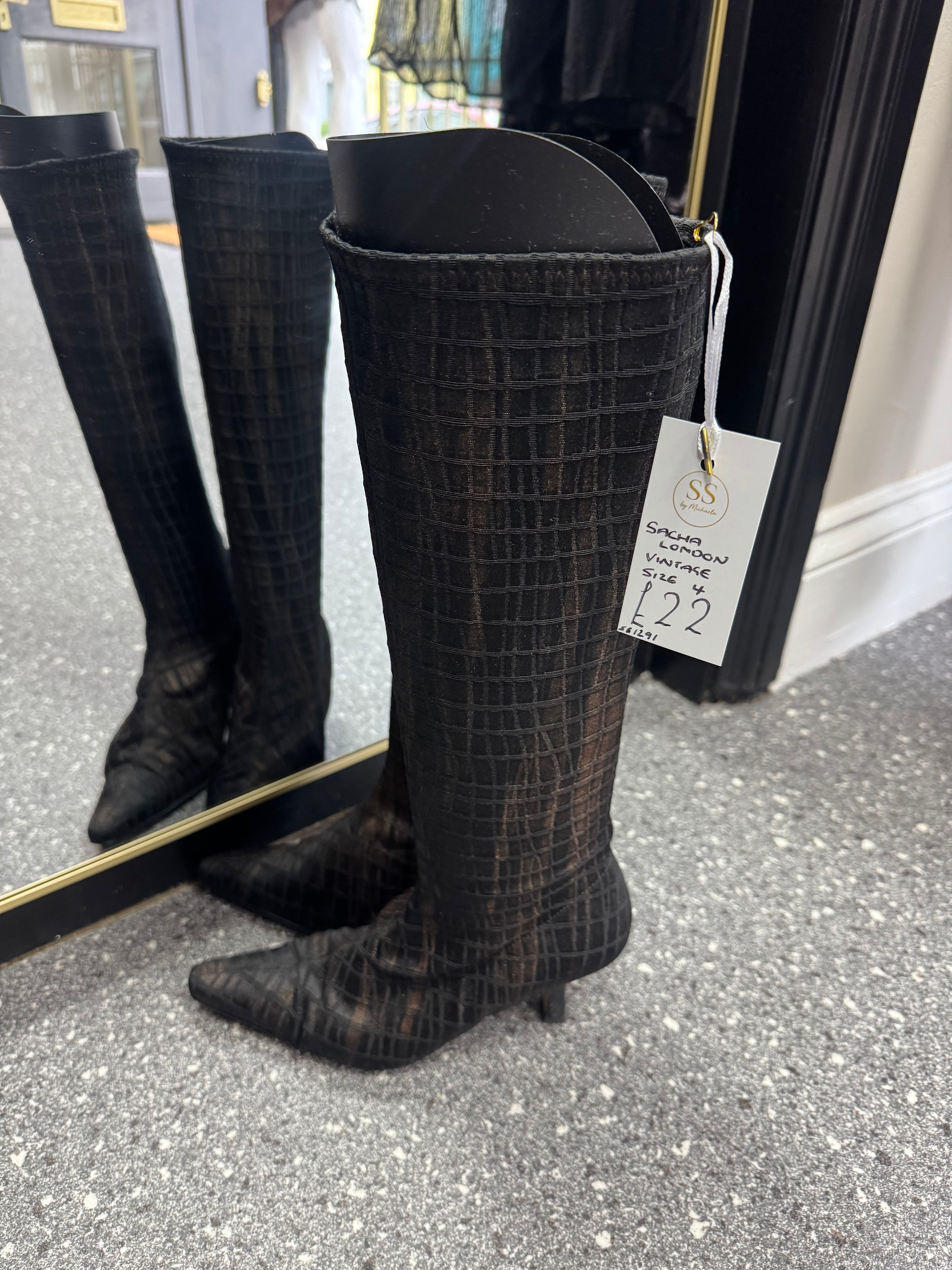 Vintage Sacha London Black Croc-Effect Knee High Boots Size 4