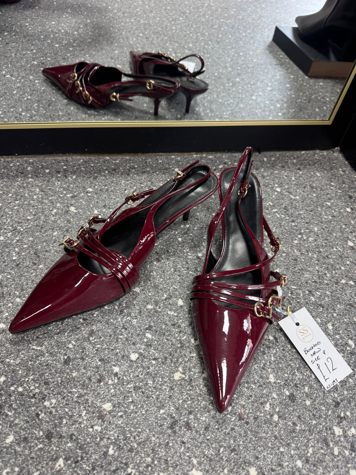 Boohoo Wide Fit Burgundy Patent Buckle Slingback Heels Size 8
