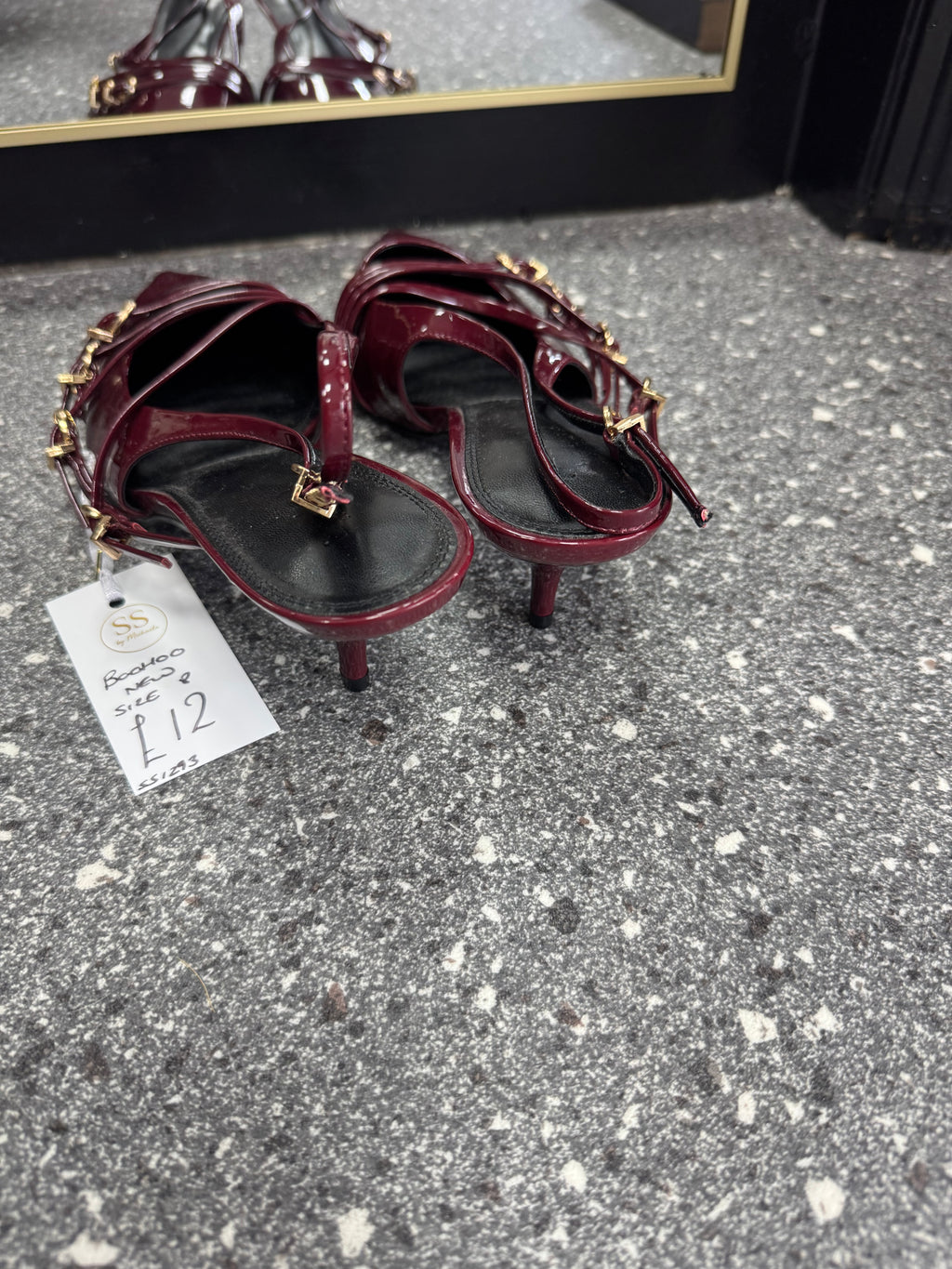 Boohoo Wide Fit Burgundy Patent Buckle Slingback Heels Size 8