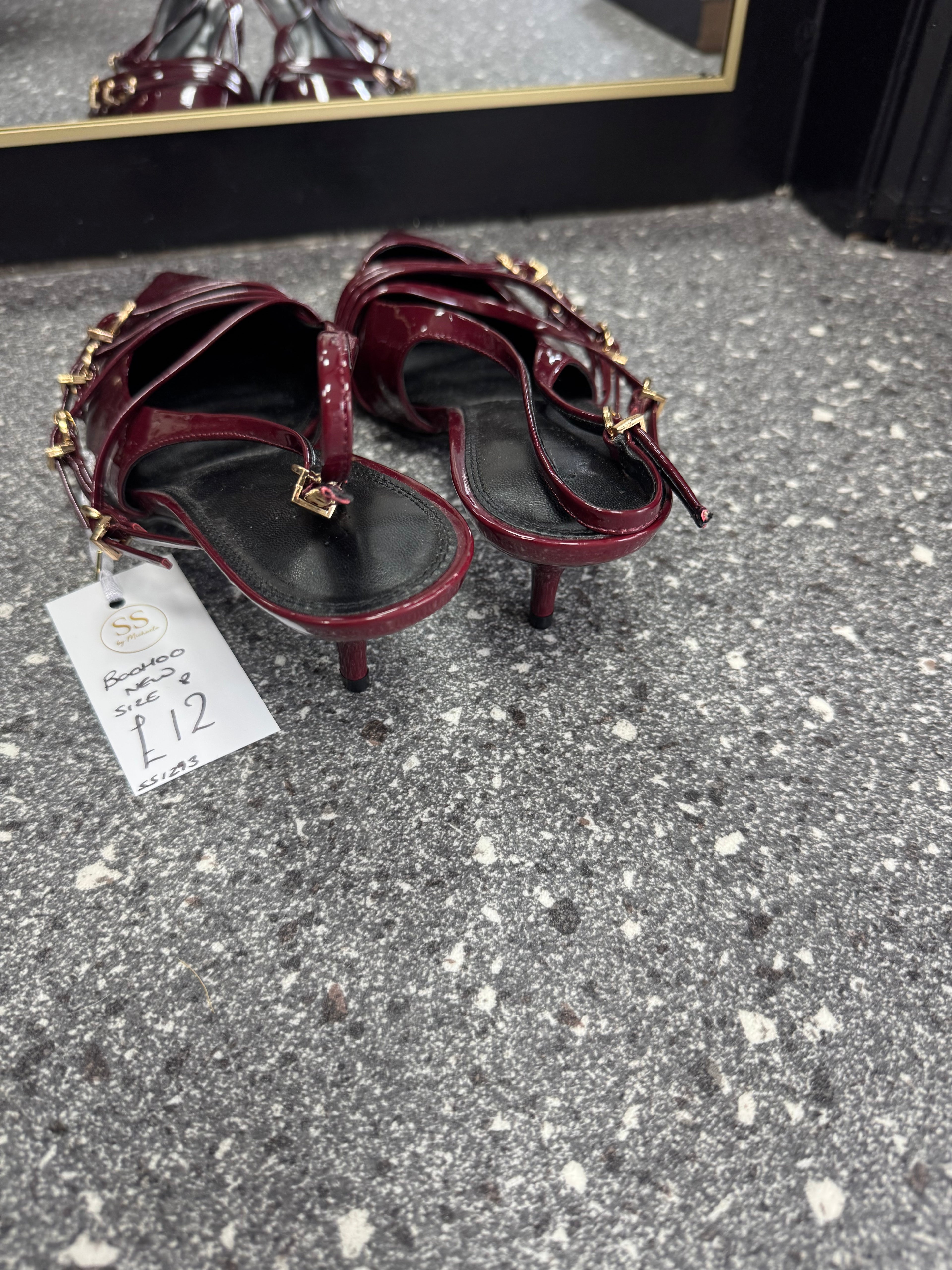 Boohoo Wide Fit Burgundy Patent Buckle Slingback Heels Size 8