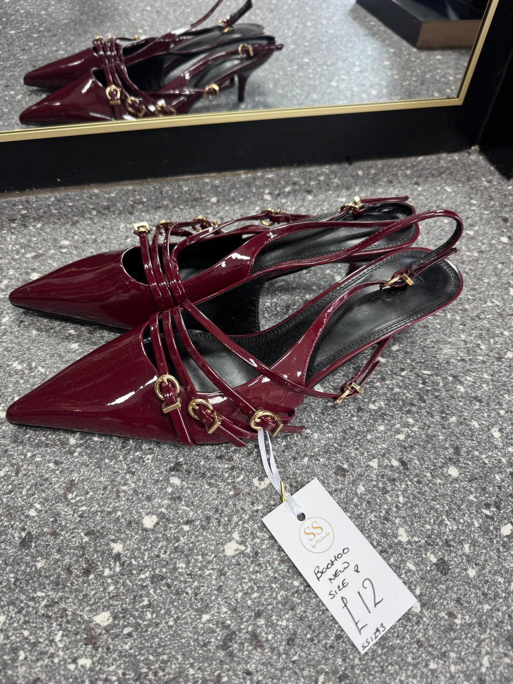 Boohoo Wide Fit Burgundy Patent Buckle Slingback Heels Size 8