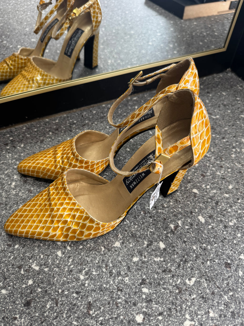 Vintage Stuart Weitzman x Russell & Bromley Mustard Snakeskin Heels Size 4