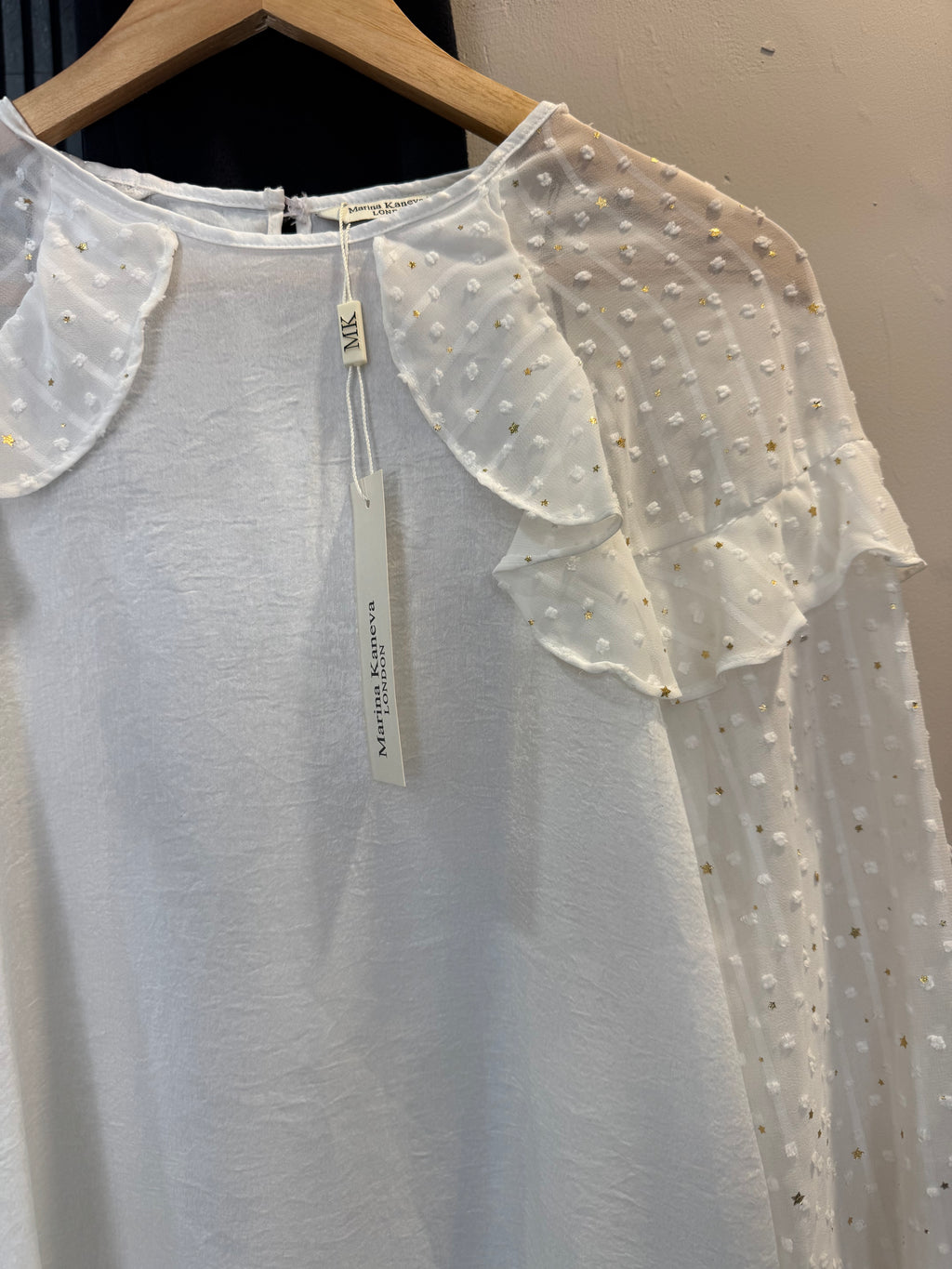 Marina Kaneva London White Ruffle Sleeve Blouse – Size 10 NWT