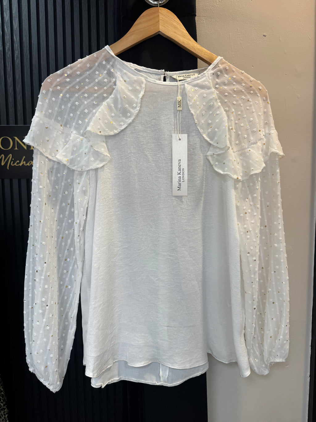 Marina Kaneva London White Ruffle Sleeve Blouse – Size 10 NWT