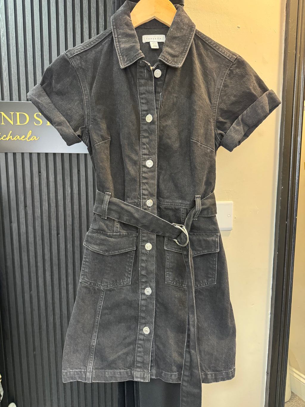 Topshop Black Washed Denim Utility Mini Dress – Size 8