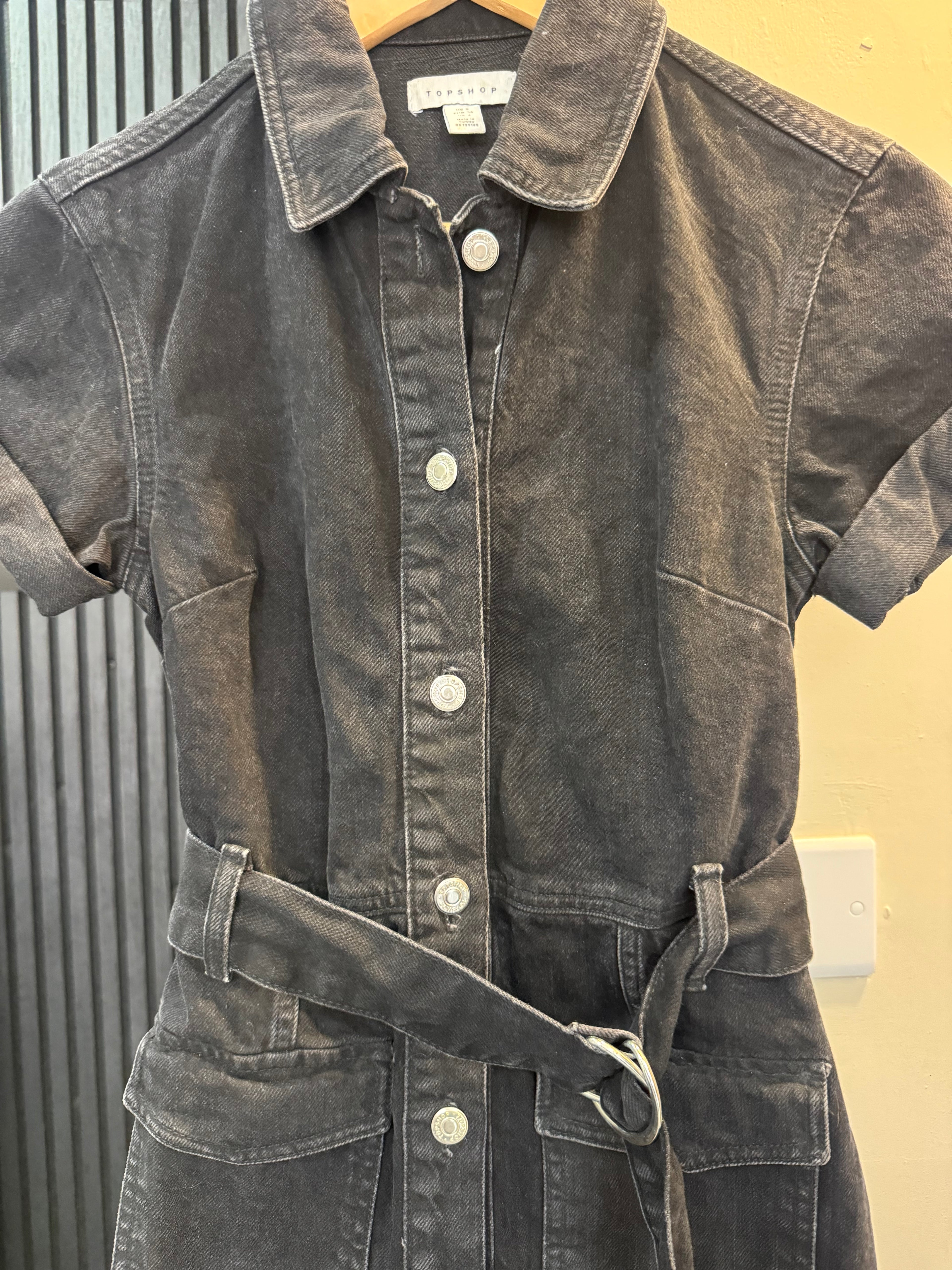 Topshop Black Washed Denim Utility Mini Dress – Size 8