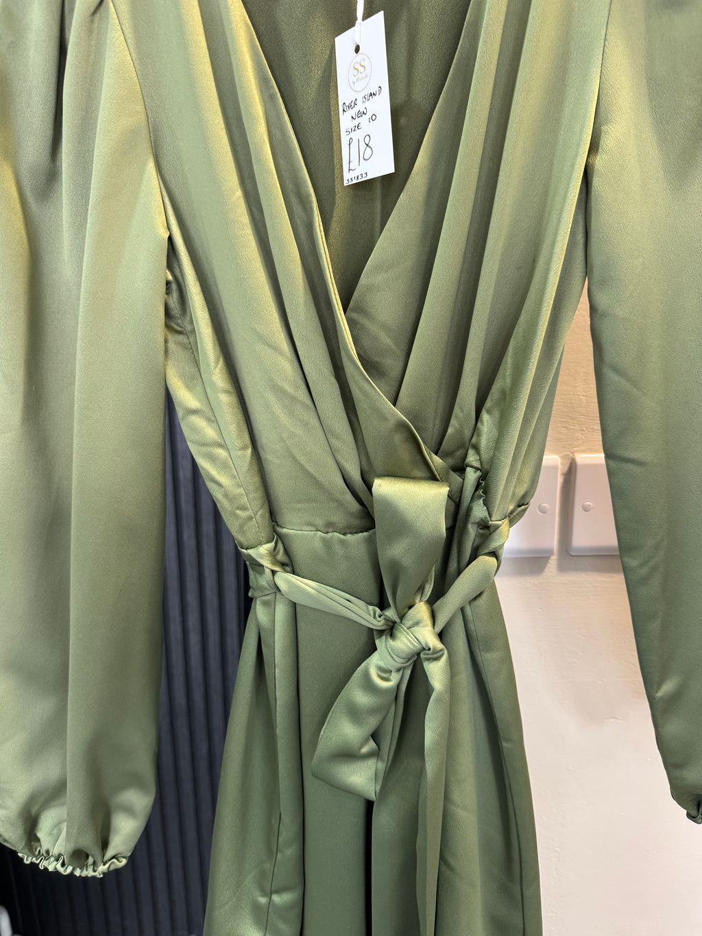 River Island Sage Green Satin Wrap Mini Dress – Size 10 New